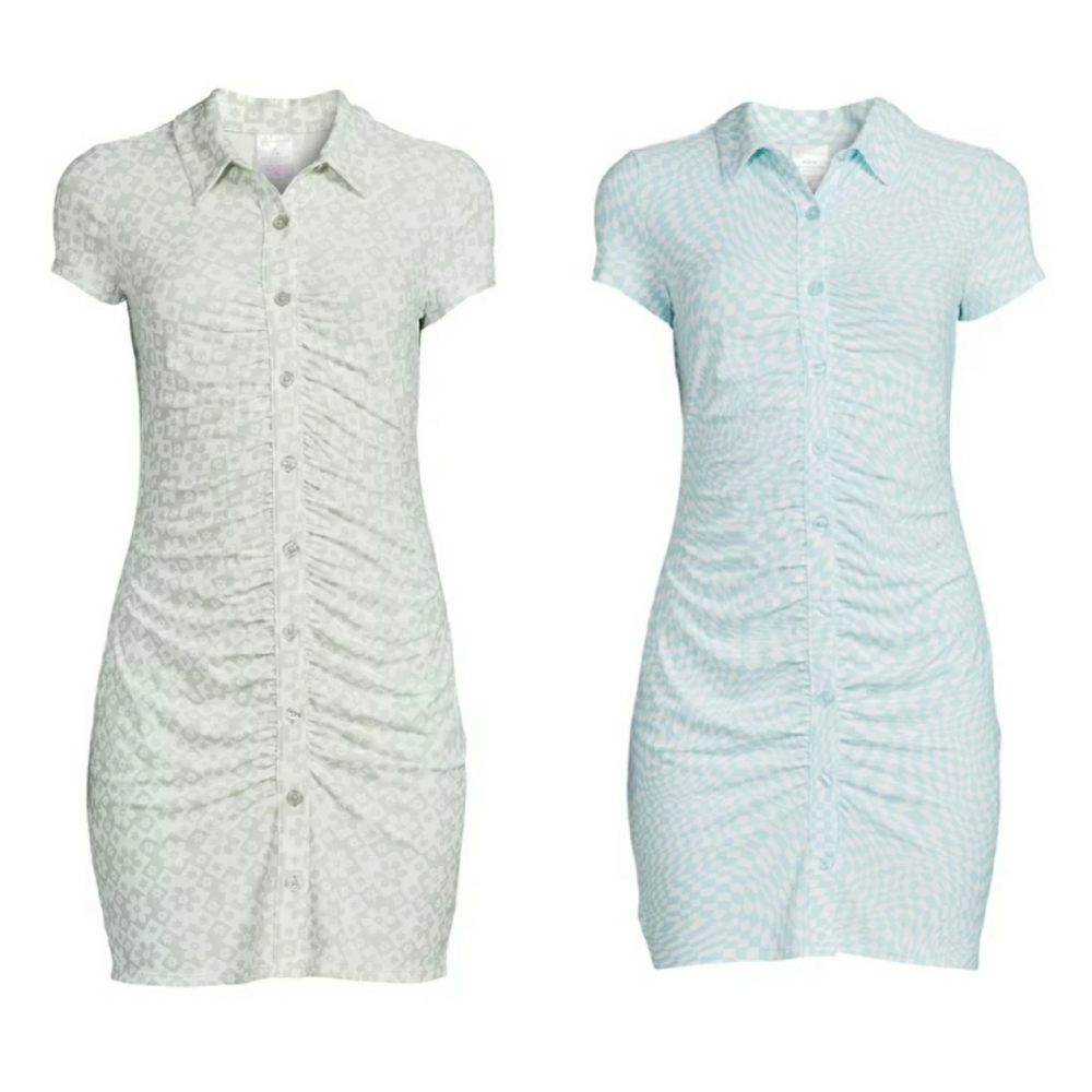 Front Button Up Baby Blue & Green White Fashion Mini Dresses Collar Ruch Contour